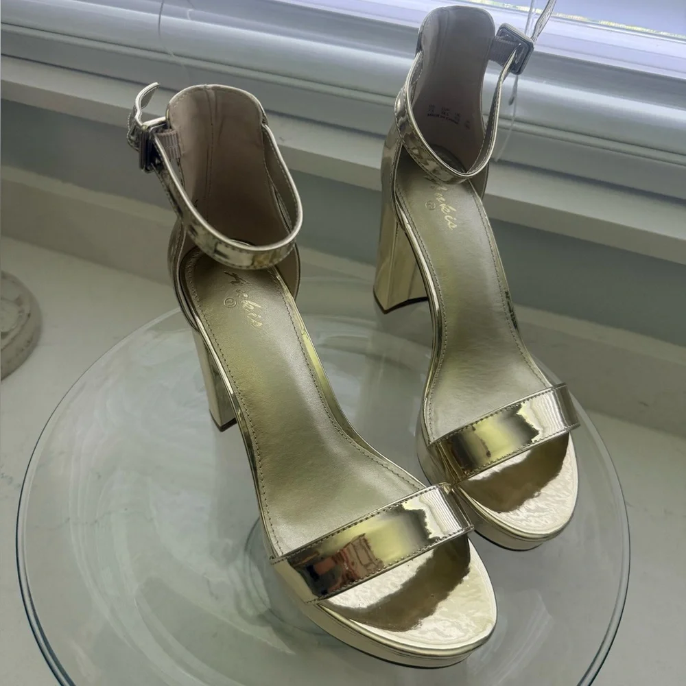 Gold Chunky Platform Heels - 4 Inch Block Heeled Sandals